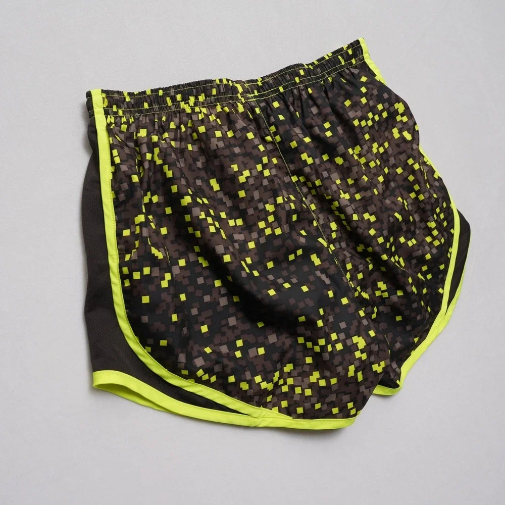 Nike Dri-Fit Running Shorts Women‎ M Brown Yellow Digital Pixel Print Drawstring